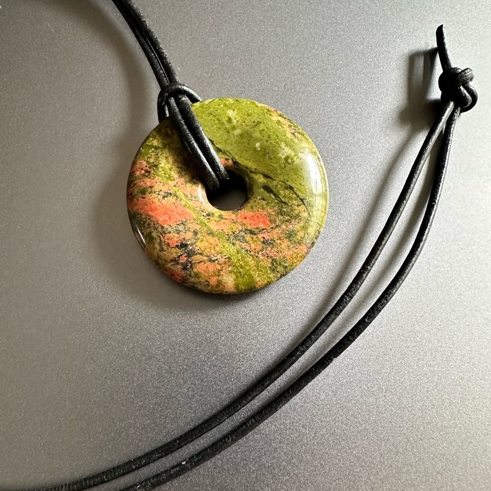 Unakite Green and Pink Stone Necklace donut medium sized pendant